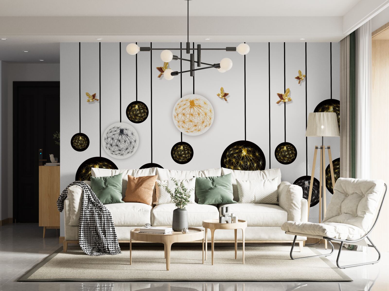 Fototapeta čierne závesné gule na svetlom pozadí