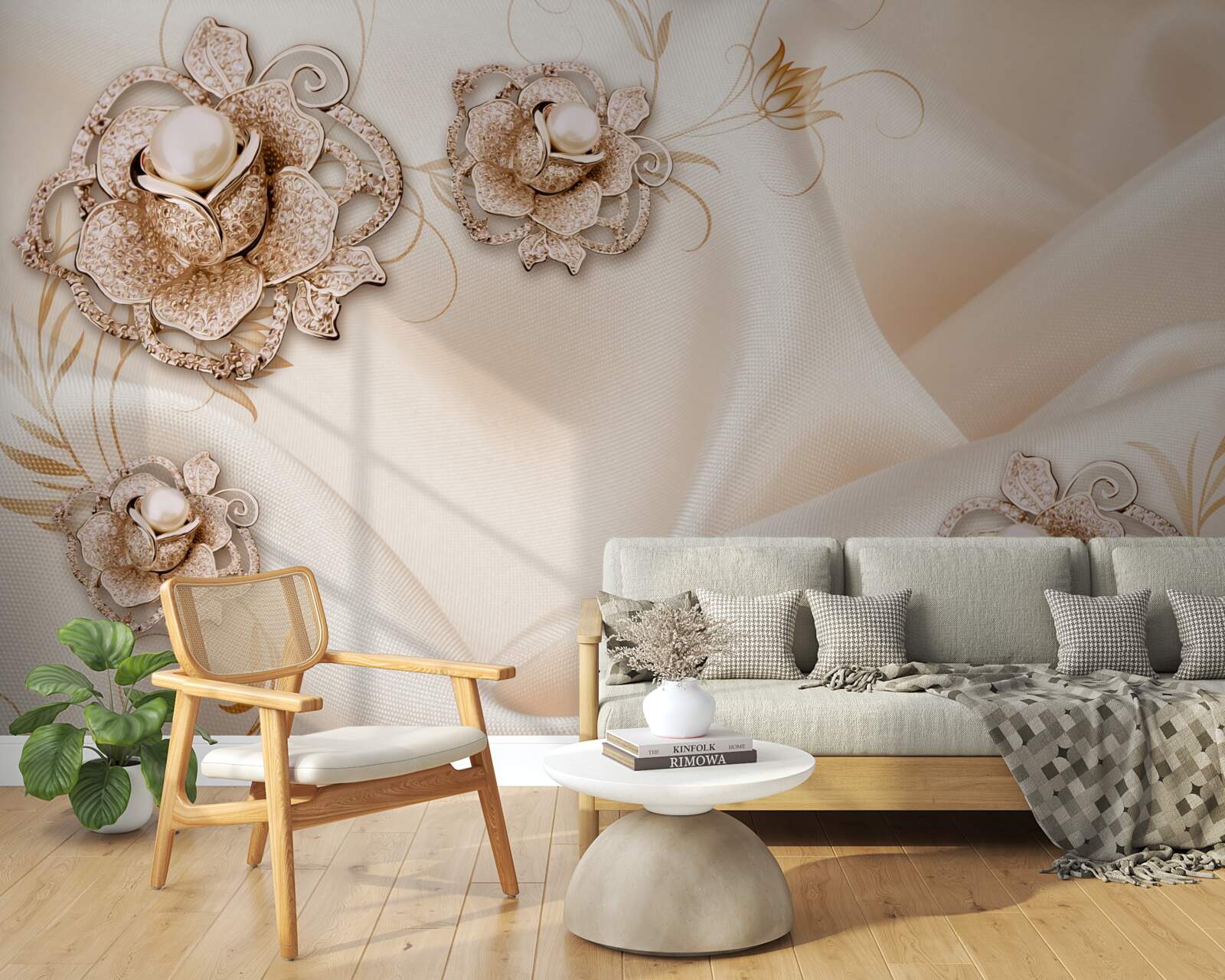 Fototapeta kombinácia jemného broskyňového hodvábu a kvetov