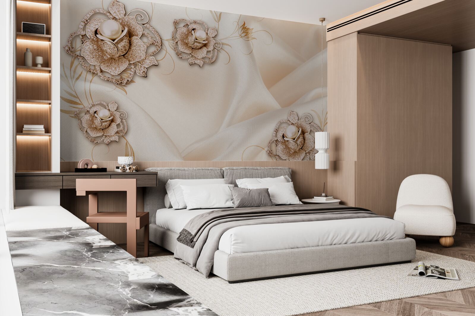 Fototapeta kombinácia jemného broskyňového hodvábu a kvetov