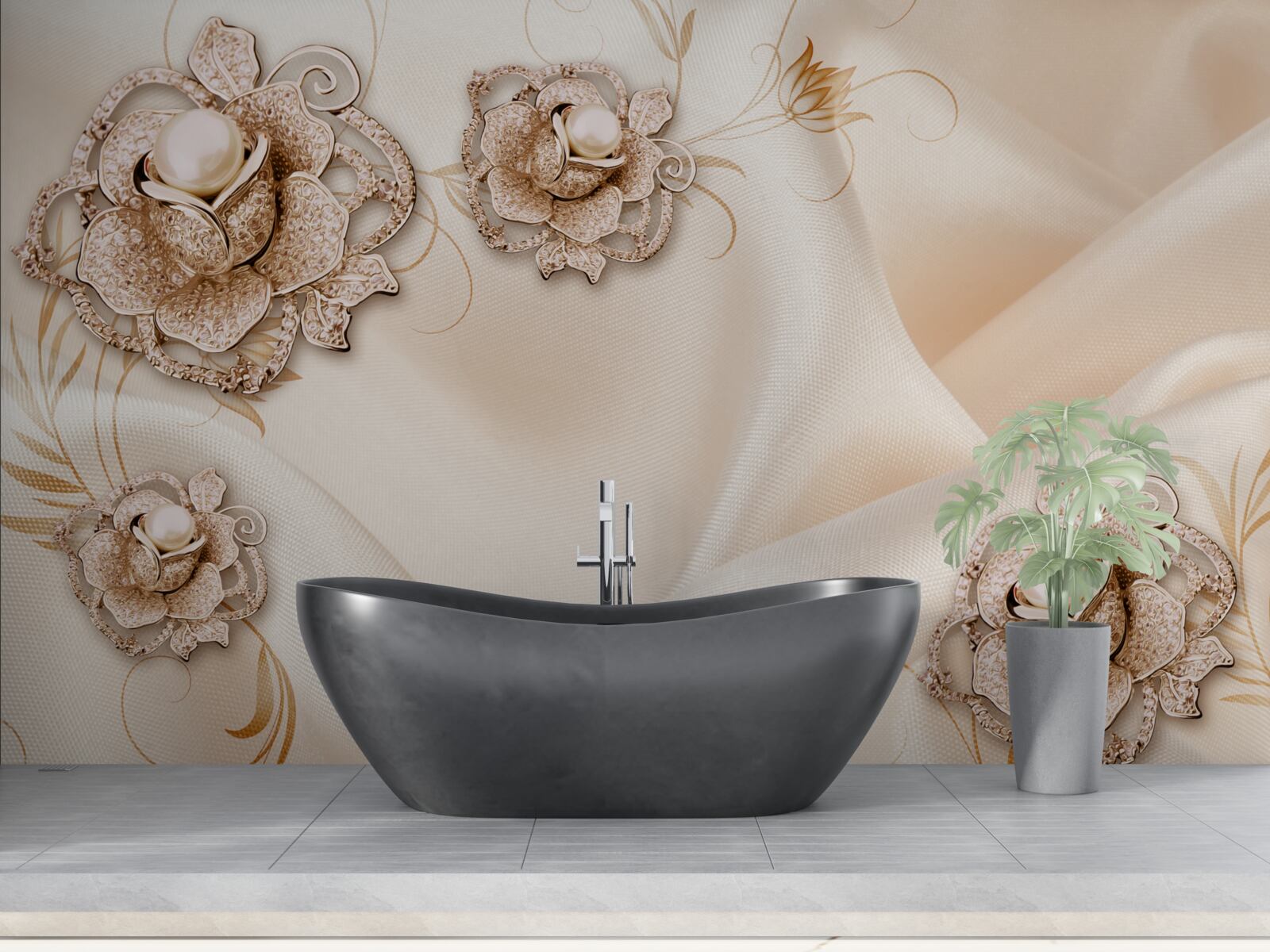 Fototapeta kombinácia jemného broskyňového hodvábu a kvetov