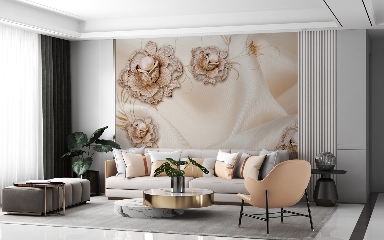 Fototapeta kombinácia jemného broskyňového hodvábu a kvetov