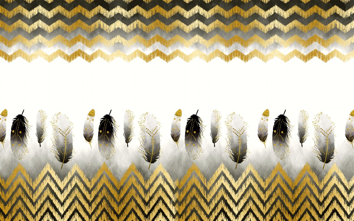 Fototapeta pierka v čiernej a bielej farbe a zakrivené línie so zlatým odtieňom