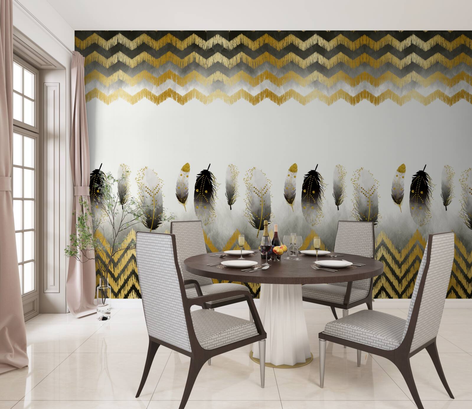 Fototapeta pierka v čiernej a bielej farbe a zakrivené línie so zlatým odtieňom