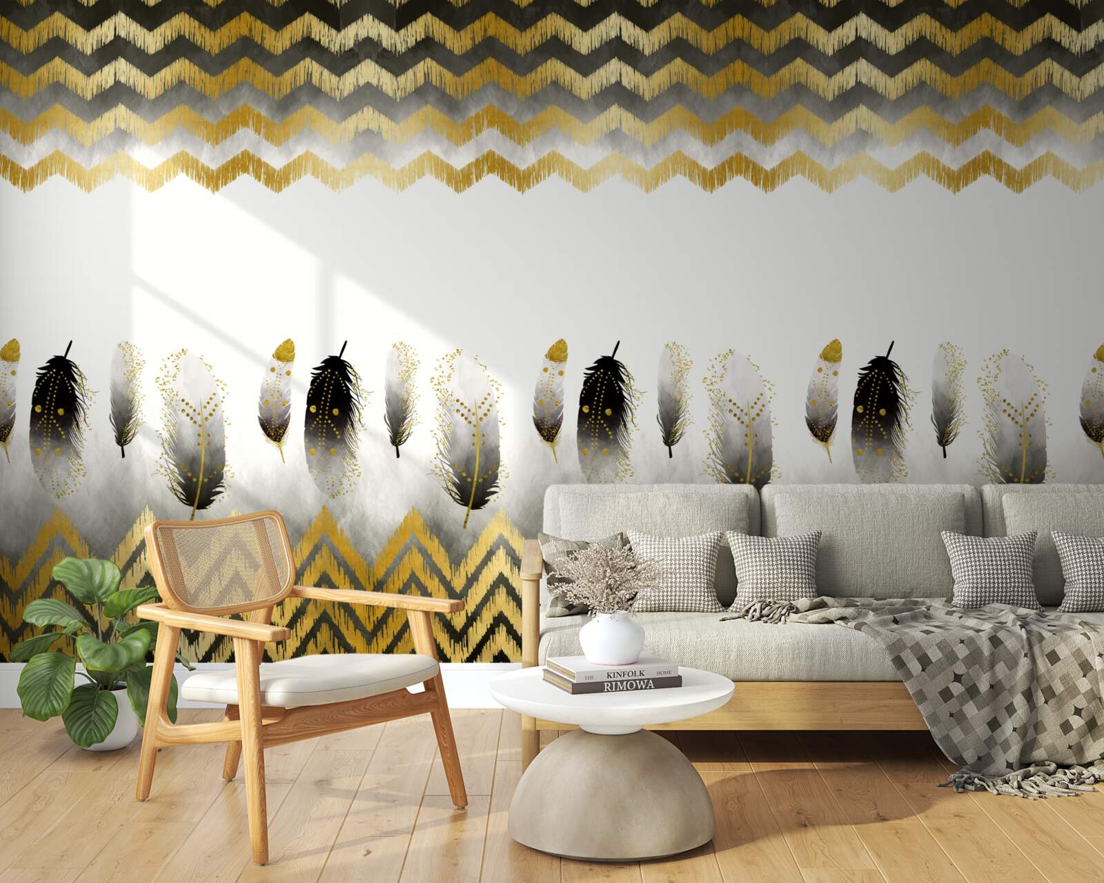 Fototapeta pierka v čiernej a bielej farbe a zakrivené línie so zlatým odtieňom