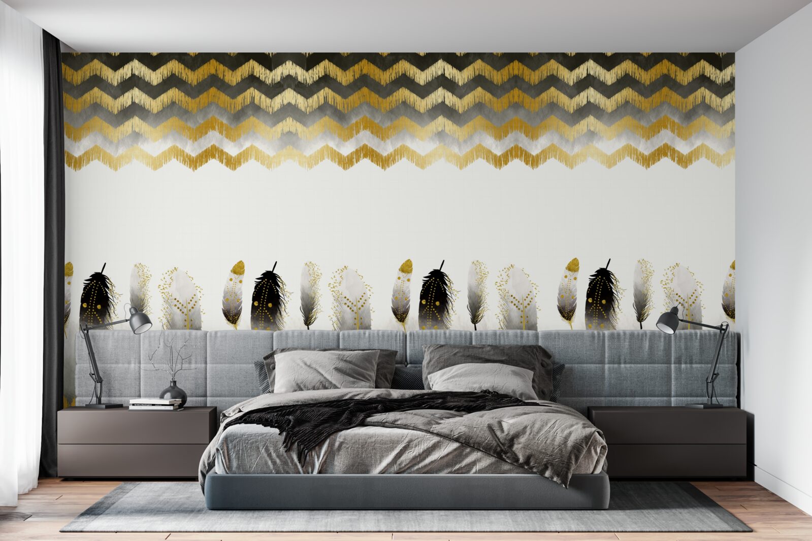 Fototapeta pierka v čiernej a bielej farbe a zakrivené línie so zlatým odtieňom