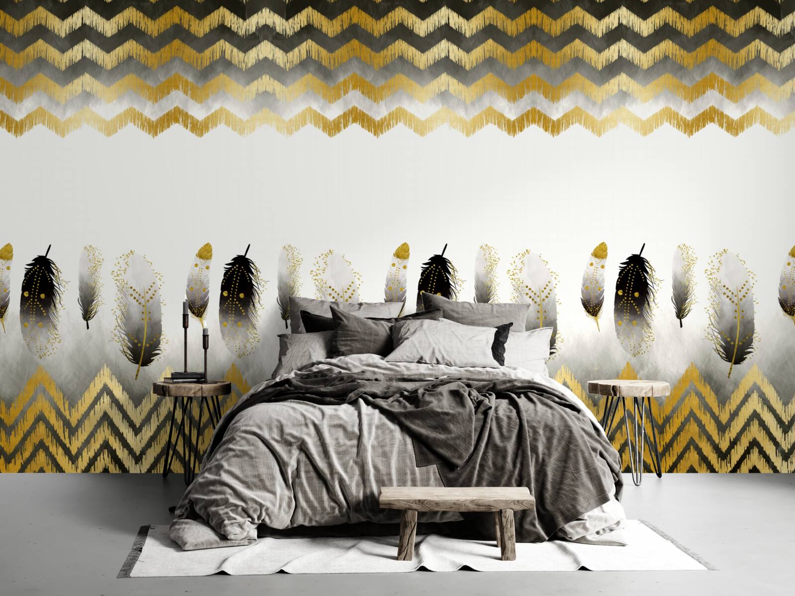 Fototapeta pierka v čiernej a bielej farbe a zakrivené línie so zlatým odtieňom