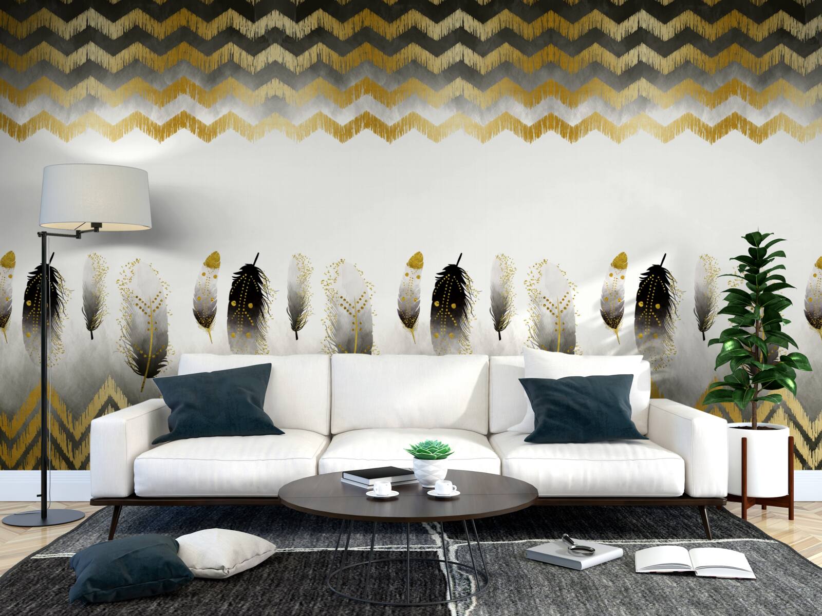 Fototapeta pierka v čiernej a bielej farbe a zakrivené línie so zlatým odtieňom