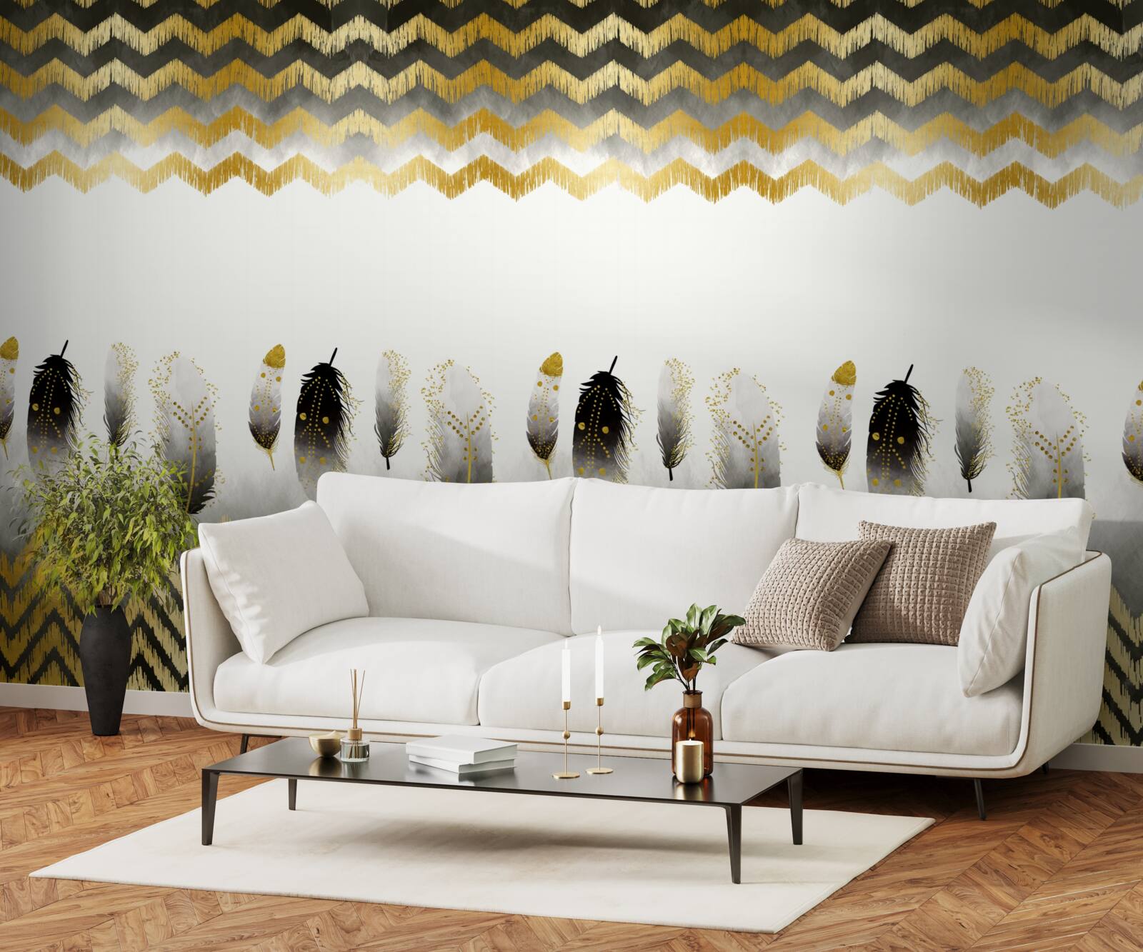 Fototapeta pierka v čiernej a bielej farbe a zakrivené línie so zlatým odtieňom