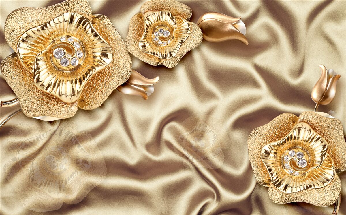 Fototapeta zlaté detaily na hodvábe zdobené hnedými kvetmi