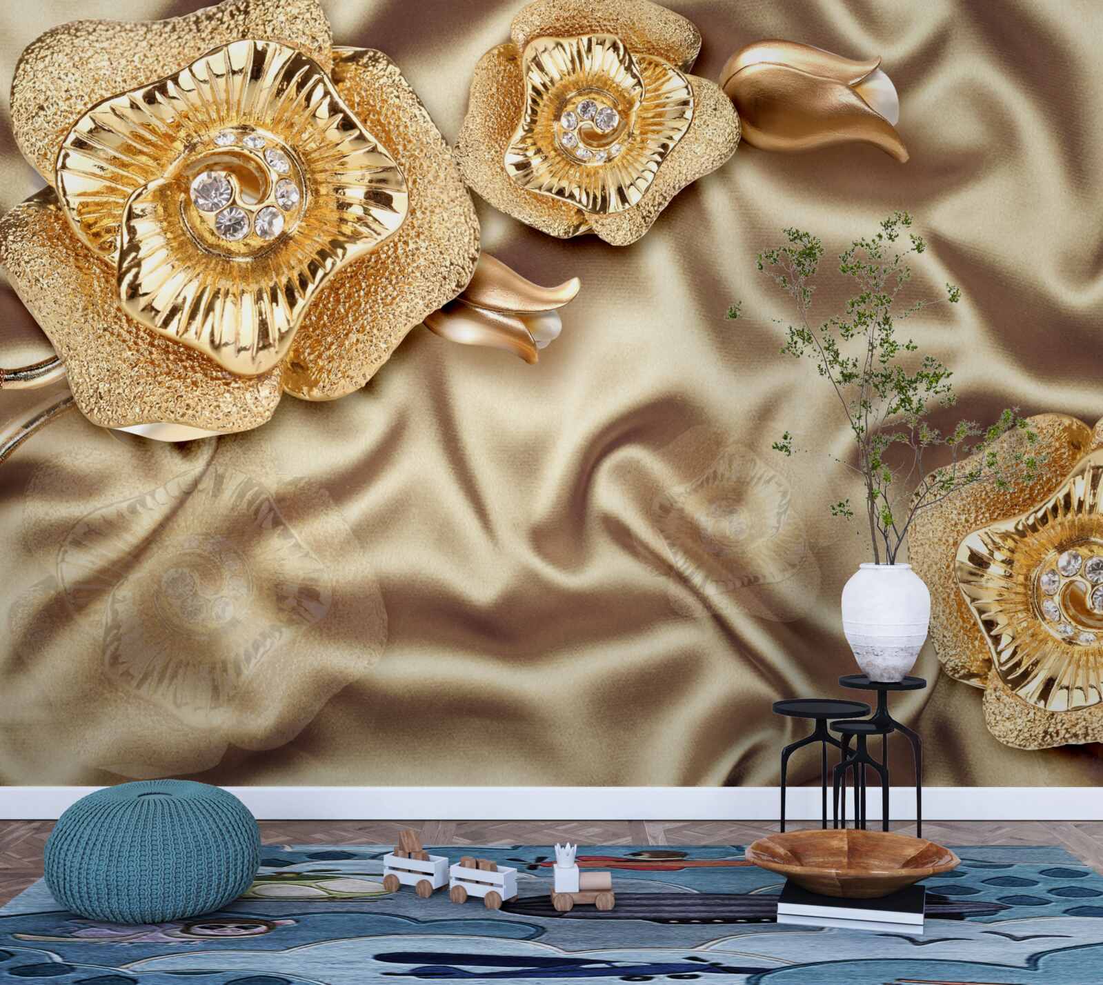 Fototapeta zlaté detaily na hodvábe zdobené hnedými kvetmi