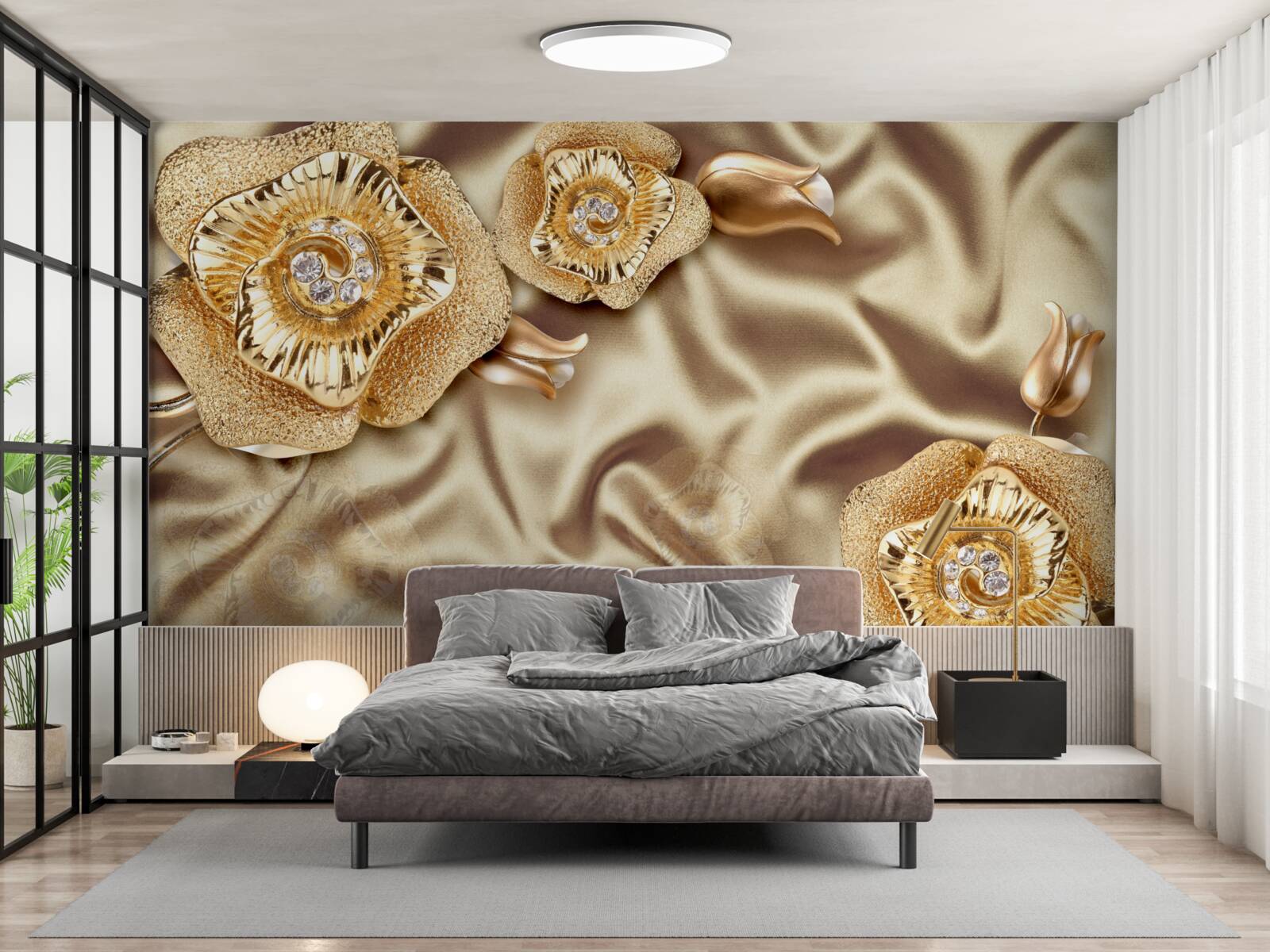 Fototapeta zlaté detaily na hodvábe zdobené hnedými kvetmi