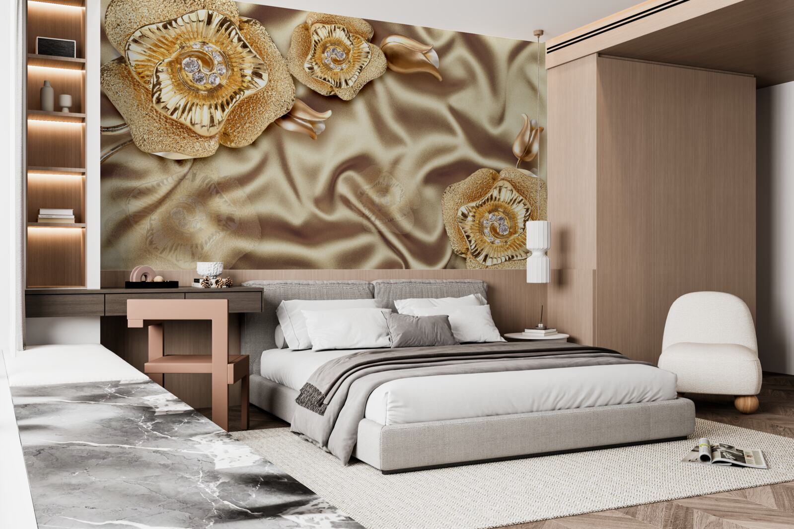 Fototapeta zlaté detaily na hodvábe zdobené hnedými kvetmi