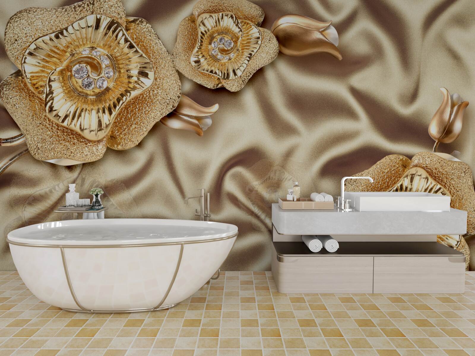 Fototapeta zlaté detaily na hodvábe zdobené hnedými kvetmi