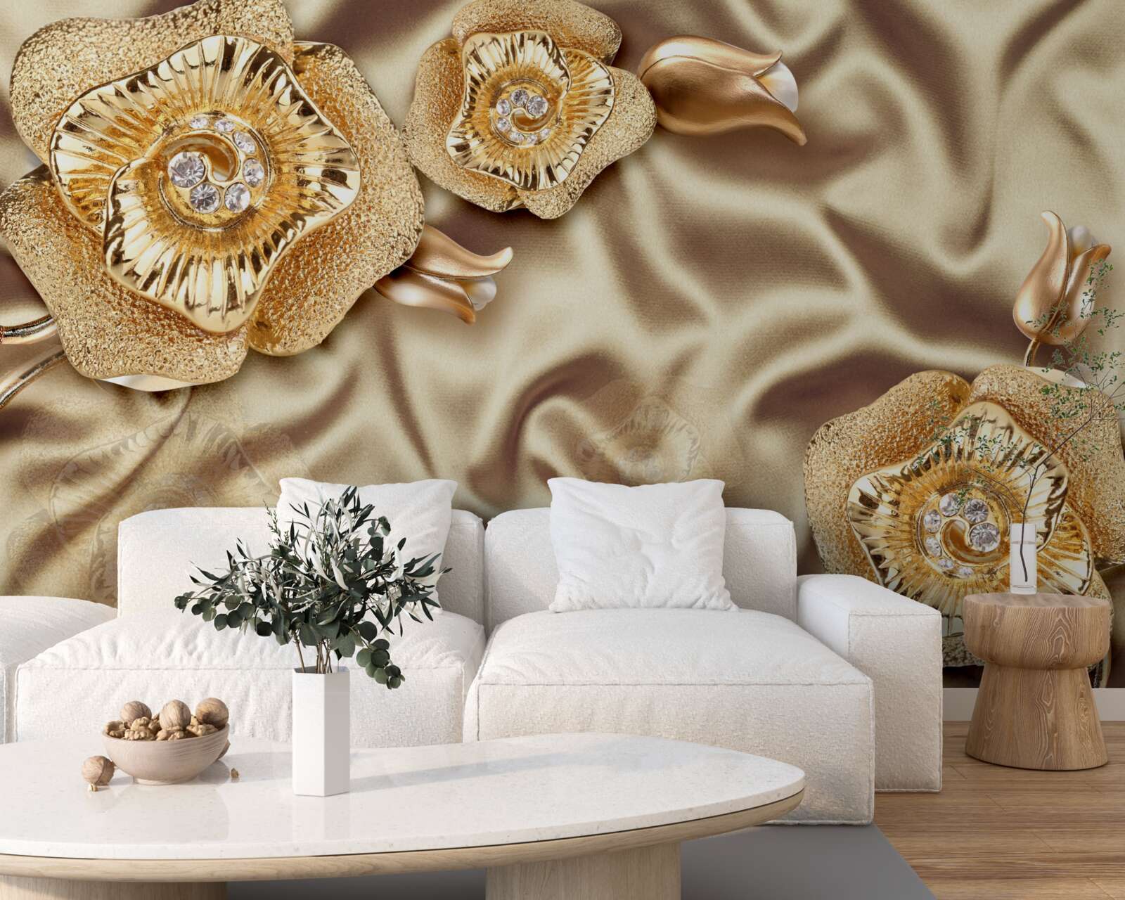 Fototapeta zlaté detaily na hodvábe zdobené hnedými kvetmi