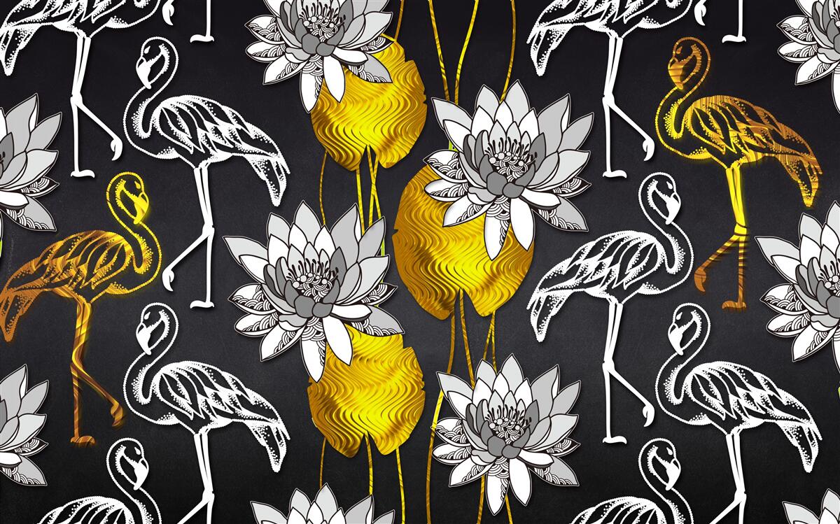 Fototapeta zlaté rastliny a biele plameniaky