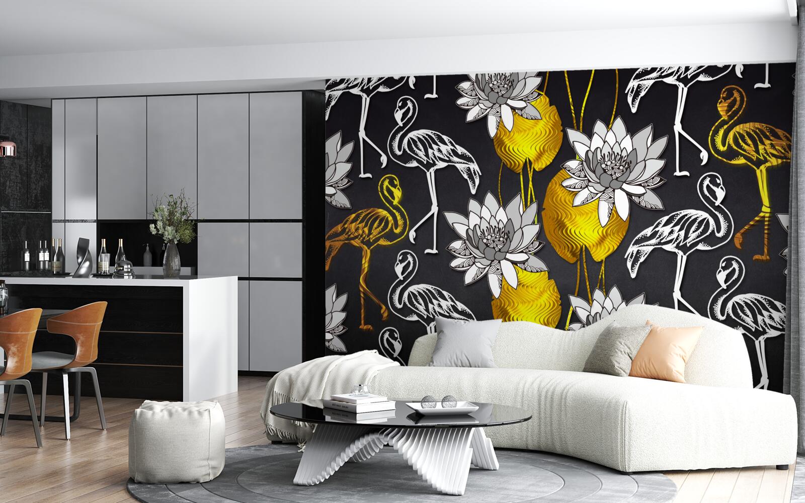 Fototapeta zlaté rastliny a biele plameniaky