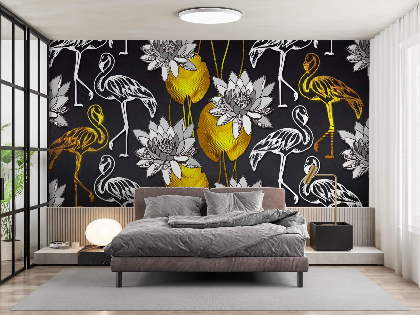 Fototapeta zlaté rastliny a biele plameniaky