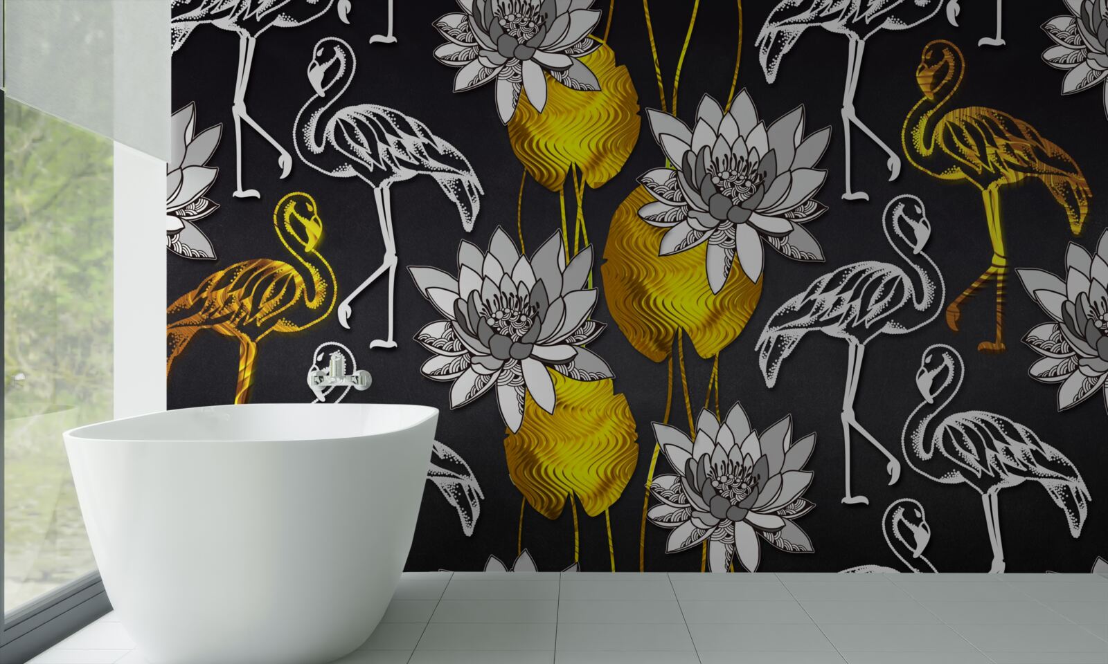 Fototapeta zlaté rastliny a biele plameniaky