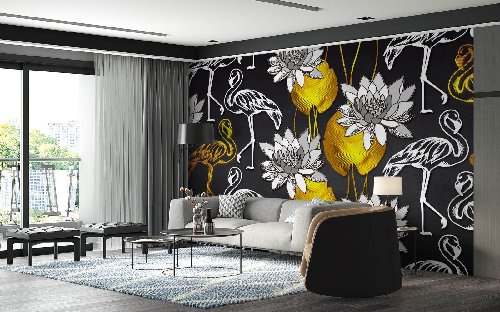 Fototapeta zlaté rastliny a biele plameniaky