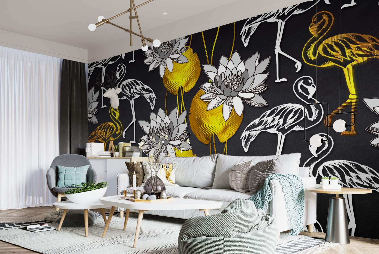 Fototapeta zlaté rastliny a biele plameniaky