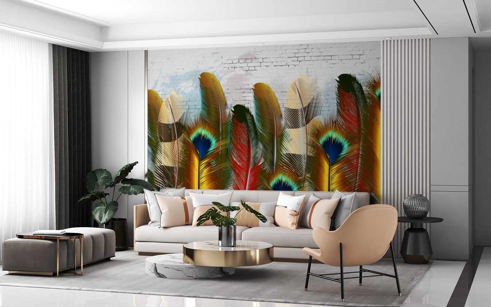 Fototapeta nádherné perie kontrastuje s bielou tehlovou stenou