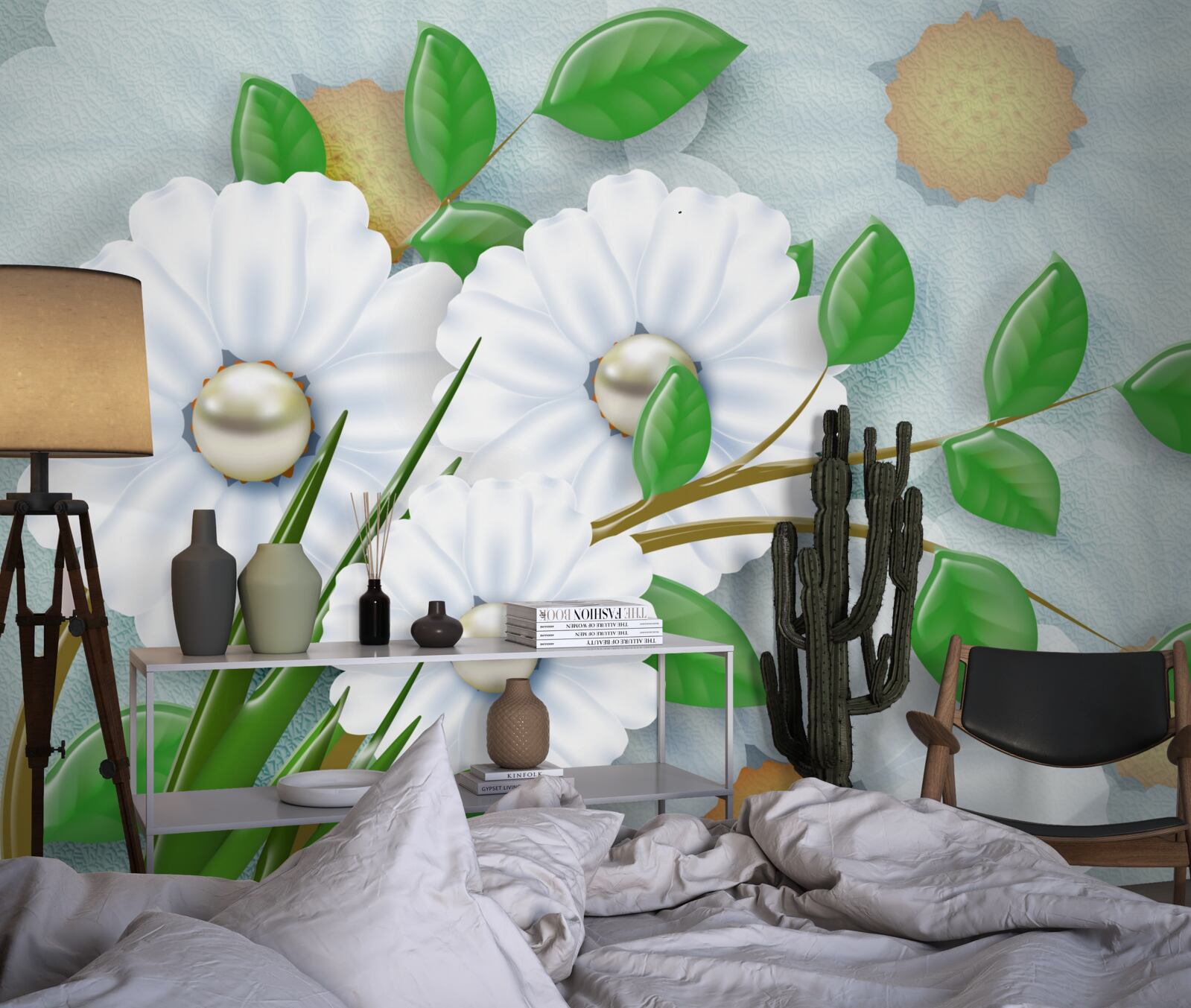 Fototapeta Snehobiele margarétky s perlovými srdiečkami