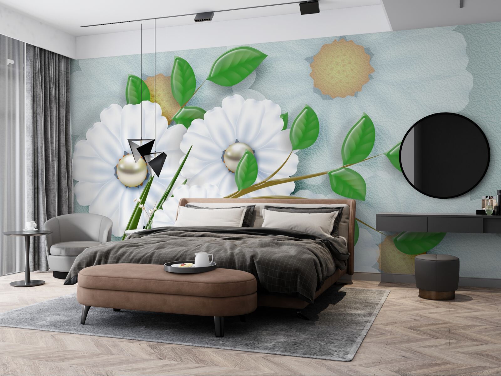 Fototapeta Snehobiele margarétky s perlovými srdiečkami