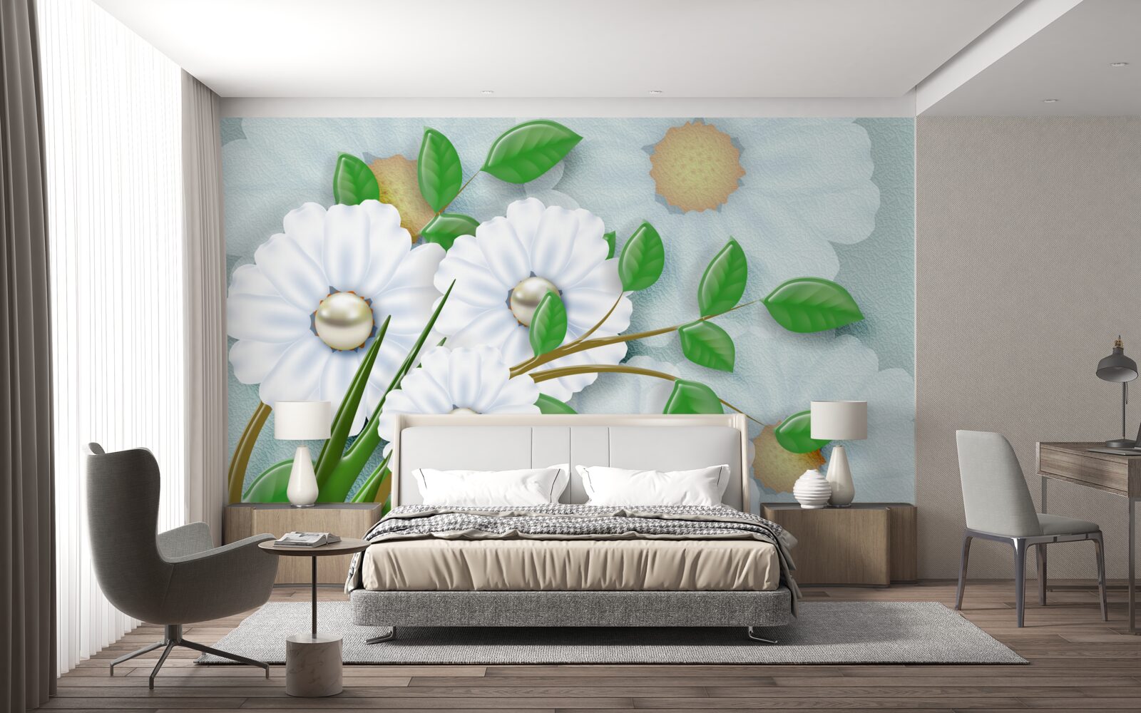 Fototapeta Snehobiele margarétky s perlovými srdiečkami