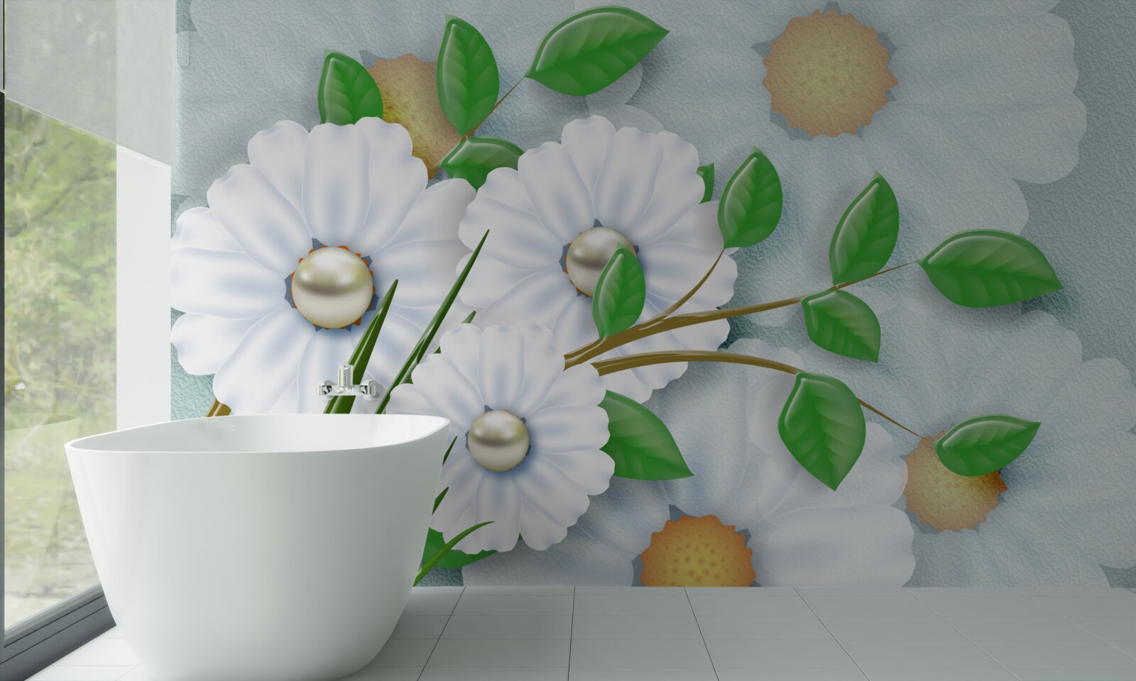 Fototapeta Snehobiele margarétky s perlovými srdiečkami