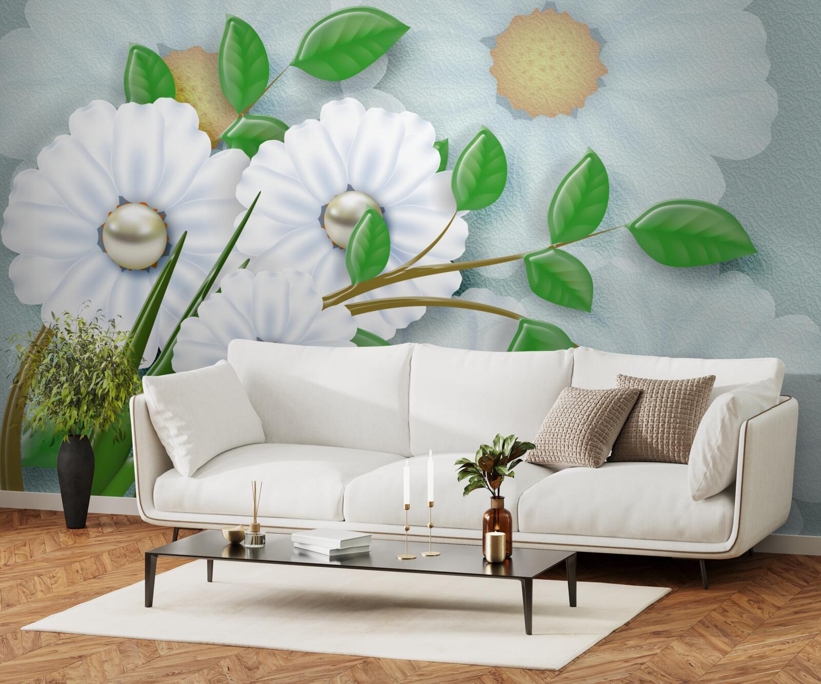 Fototapeta Snehobiele margarétky s perlovými srdiečkami