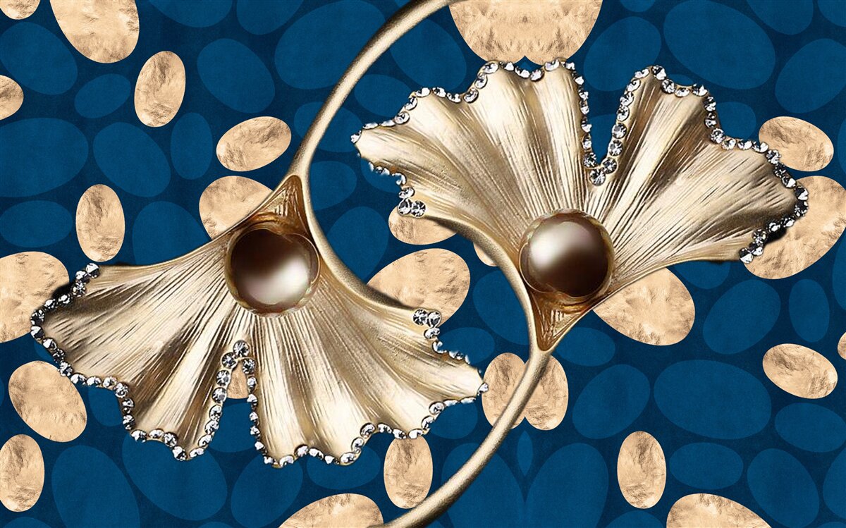 Fototapeta modré pozadie je zdobené zlatými kvetmi