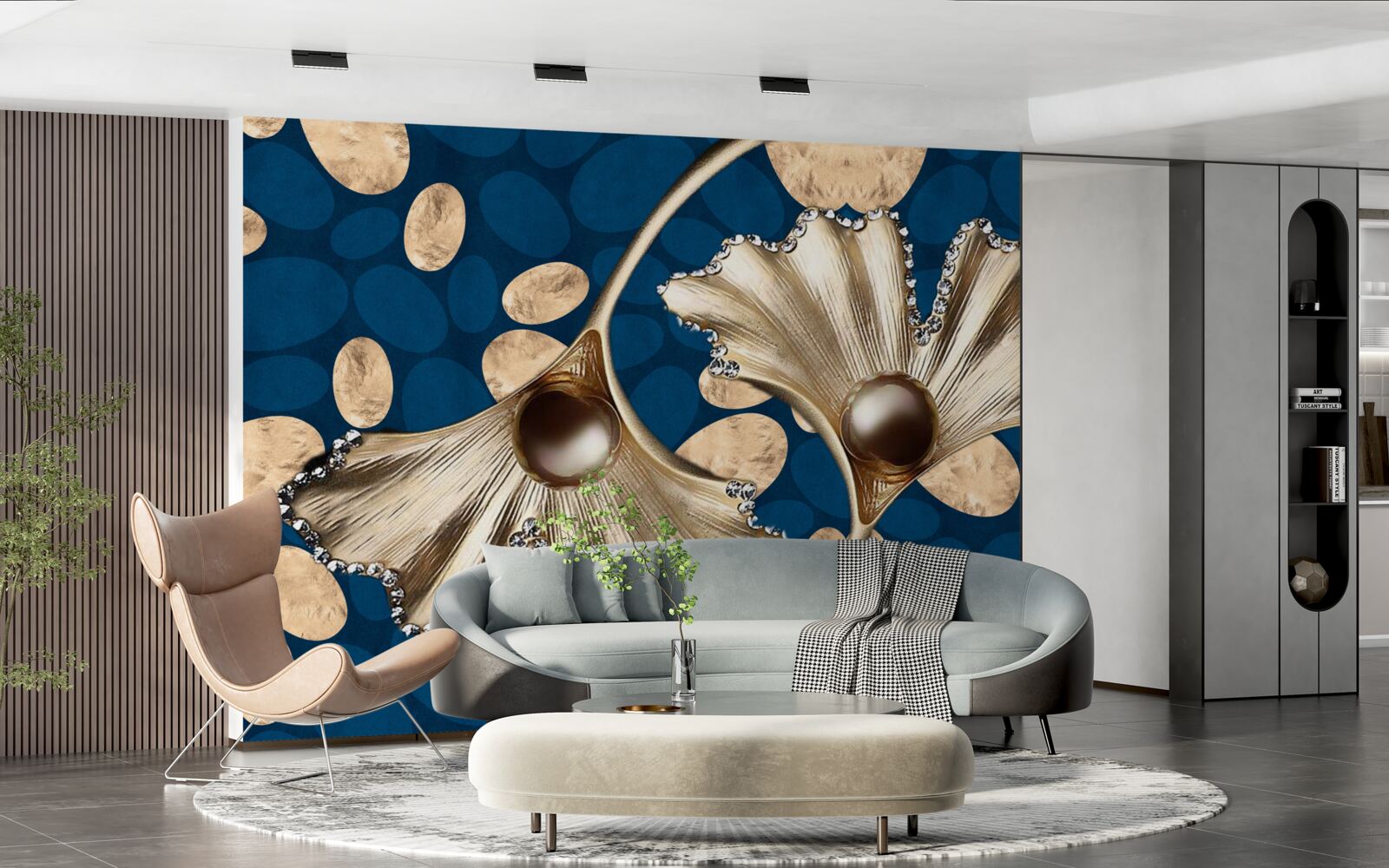 Fototapeta modré pozadie je zdobené zlatými kvetmi