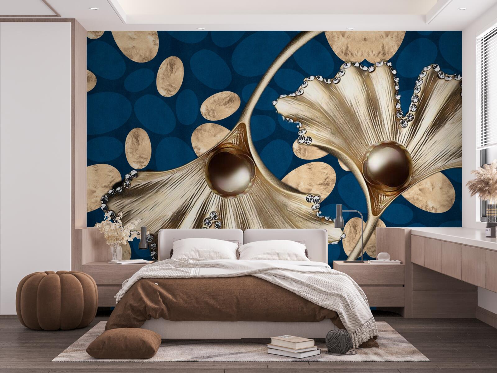 Fototapeta modré pozadie je zdobené zlatými kvetmi