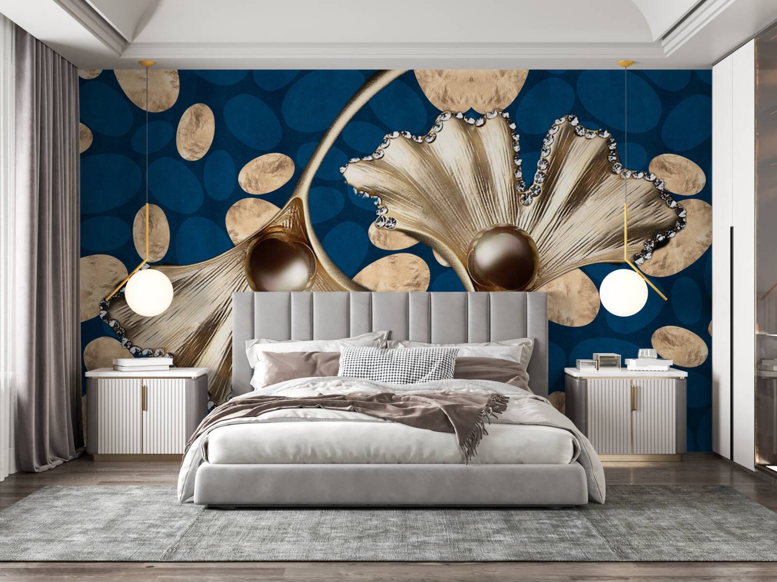 Fototapeta modré pozadie je zdobené zlatými kvetmi