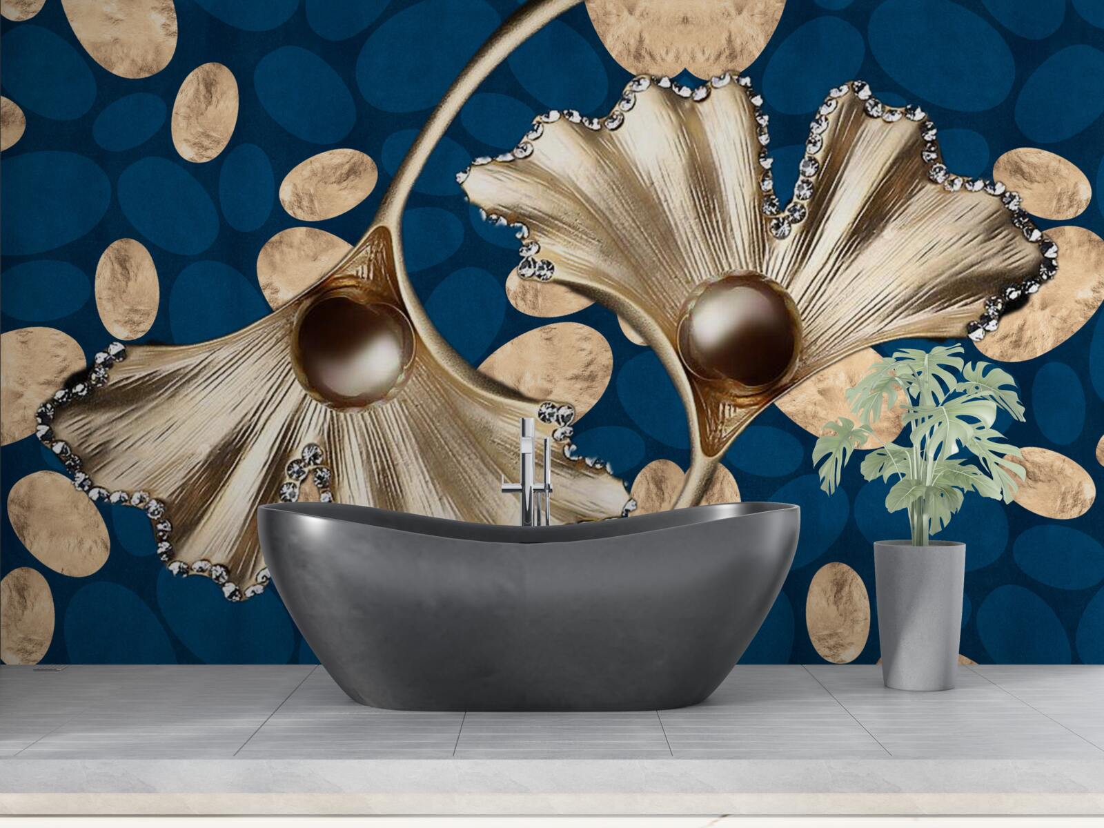 Fototapeta modré pozadie je zdobené zlatými kvetmi