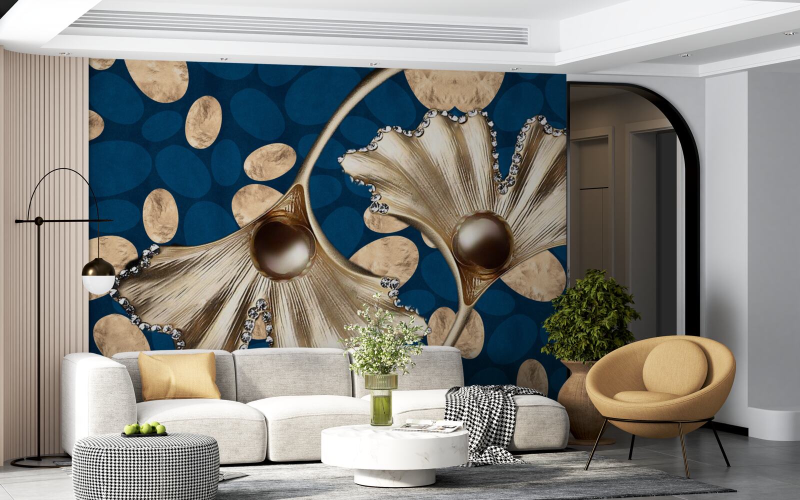 Fototapeta modré pozadie je zdobené zlatými kvetmi