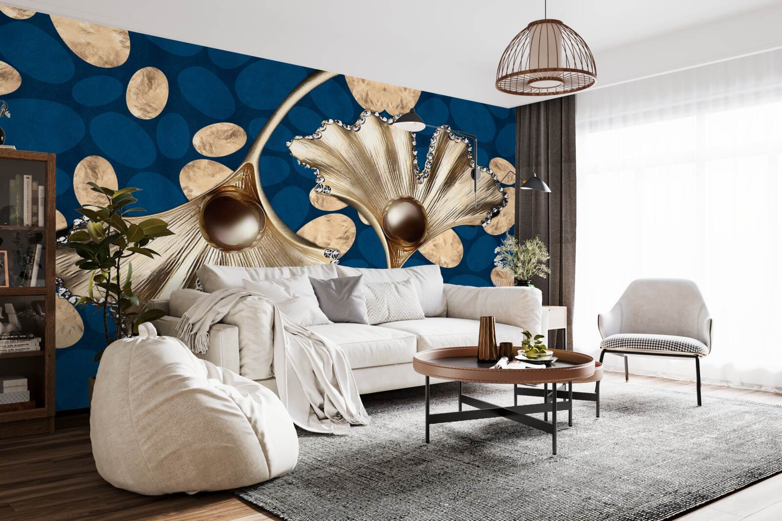 Fototapeta modré pozadie je zdobené zlatými kvetmi