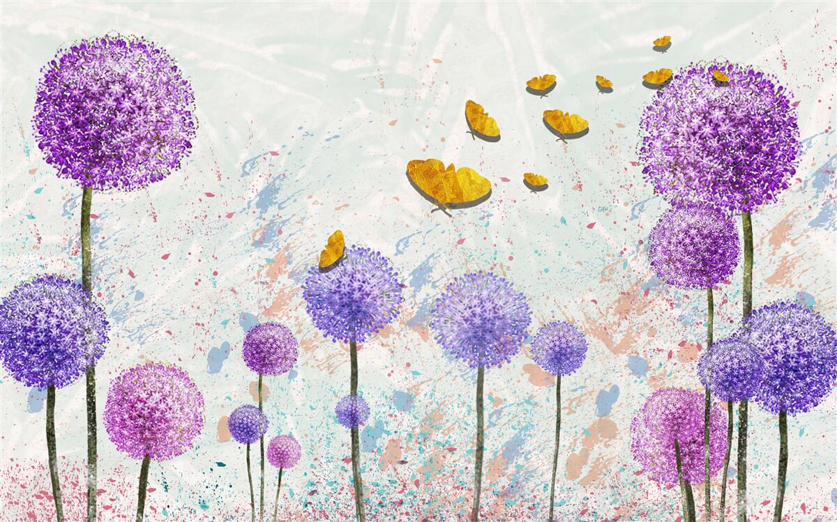 Fototapeta viacfarebné púpavy a svetlé zlaté motýle