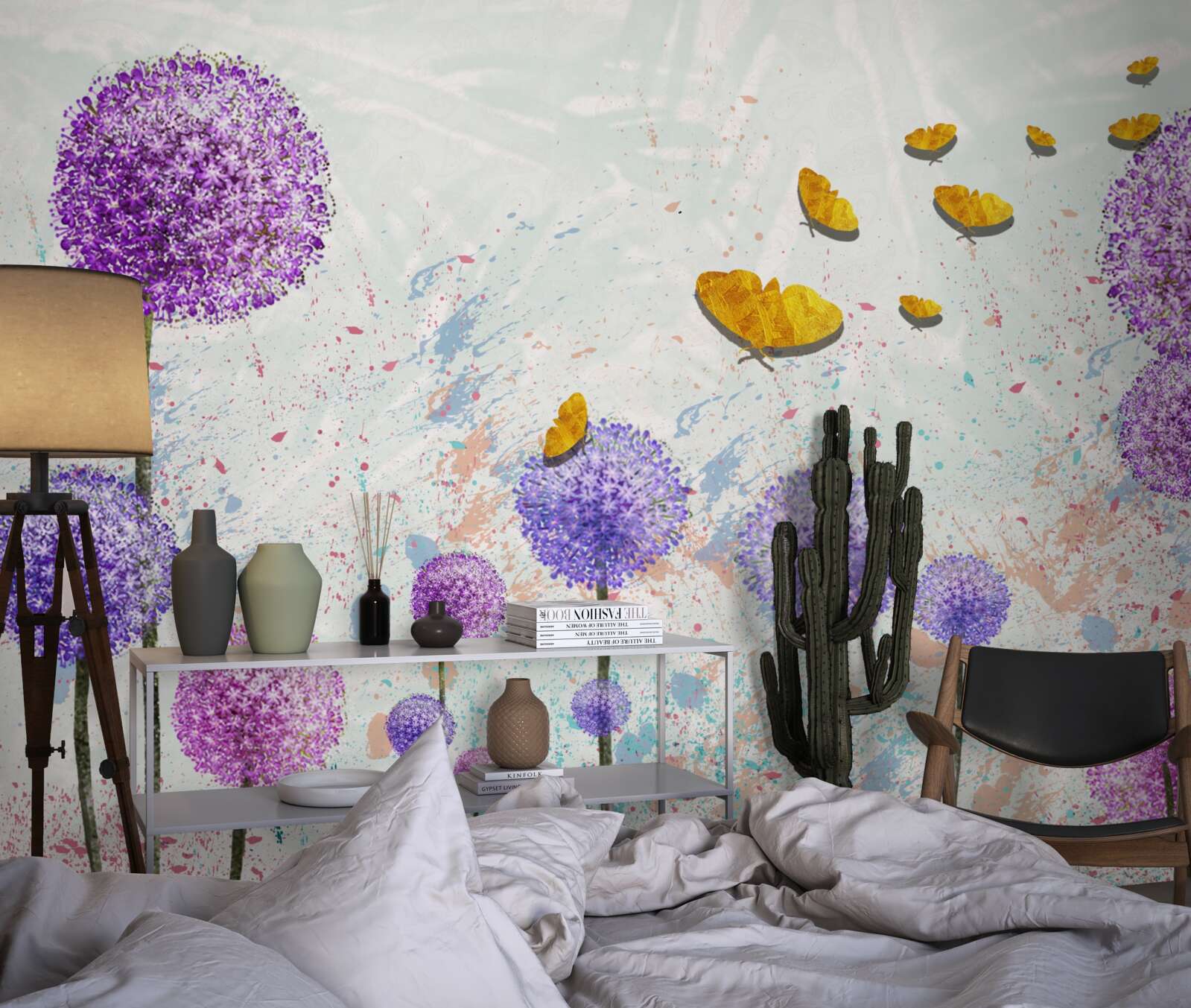 Fototapeta viacfarebné púpavy a svetlé zlaté motýle