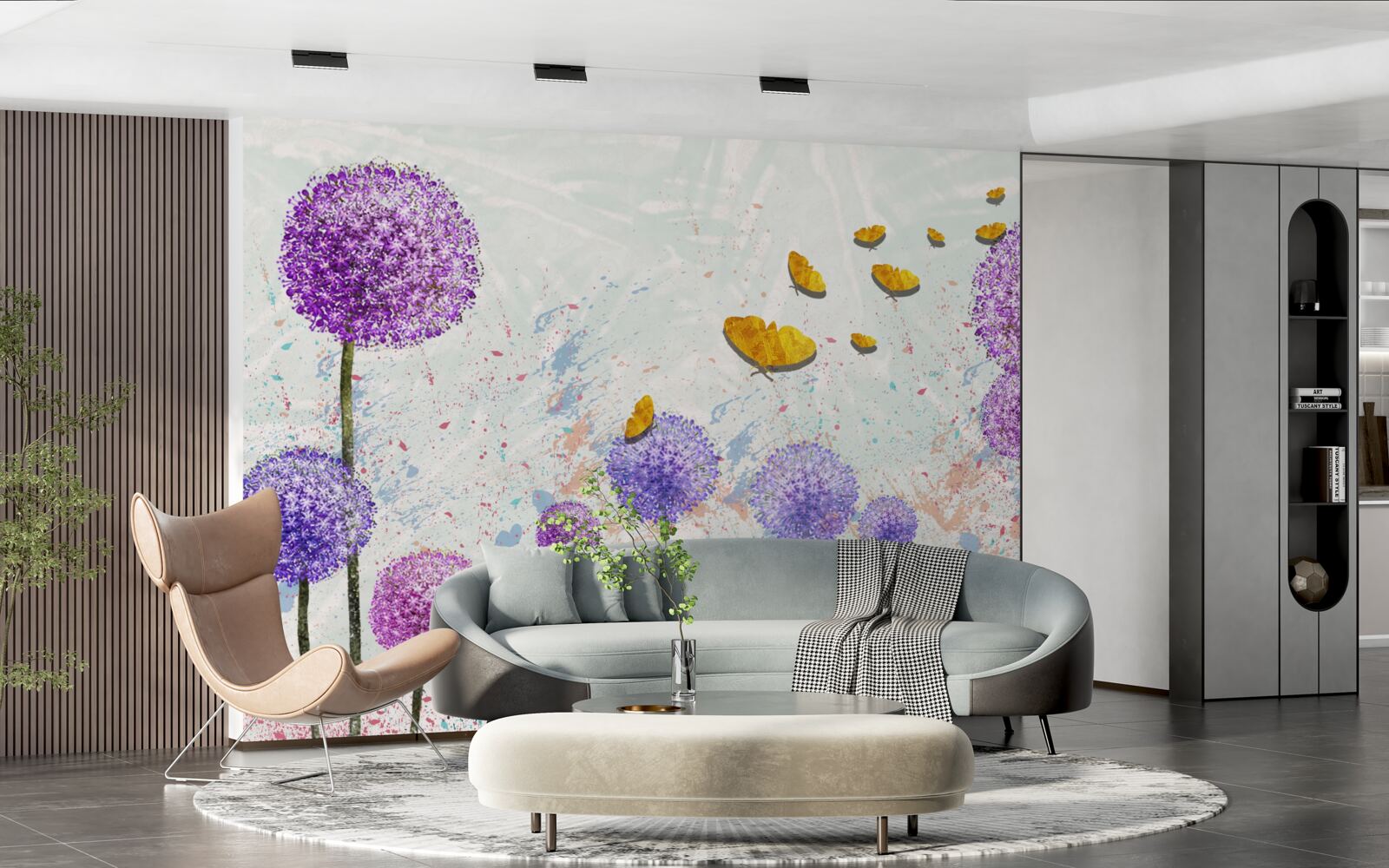 Fototapeta viacfarebné púpavy a svetlé zlaté motýle