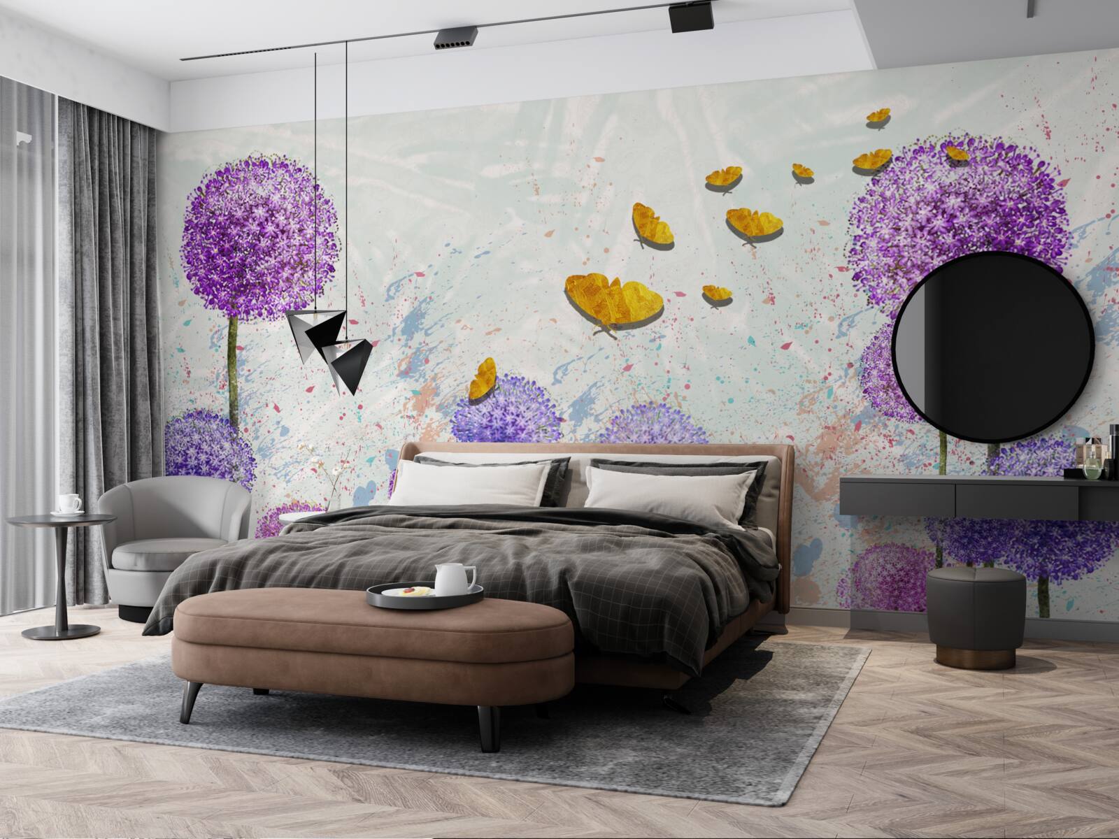 Fototapeta viacfarebné púpavy a svetlé zlaté motýle