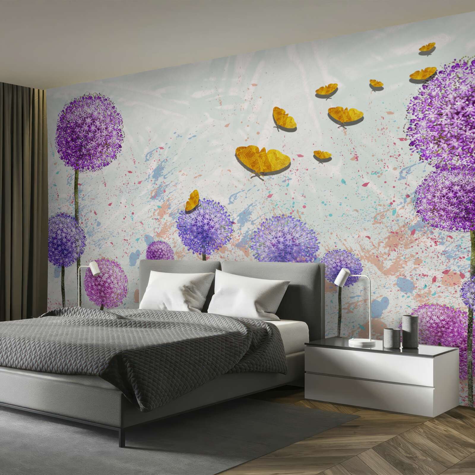 Fototapeta viacfarebné púpavy a svetlé zlaté motýle