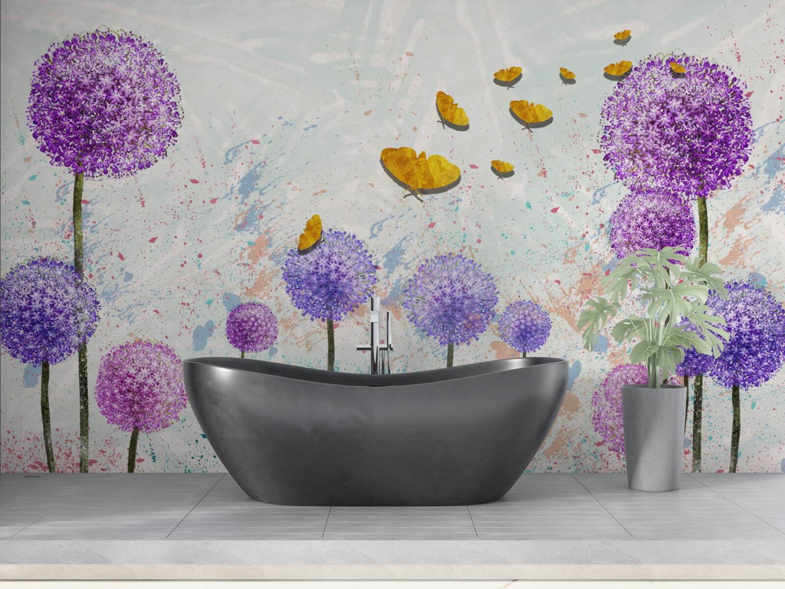 Fototapeta viacfarebné púpavy a svetlé zlaté motýle