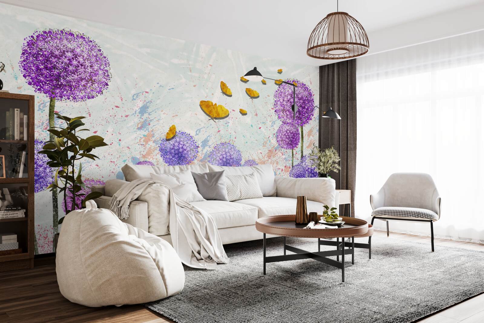 Fototapeta viacfarebné púpavy a svetlé zlaté motýle