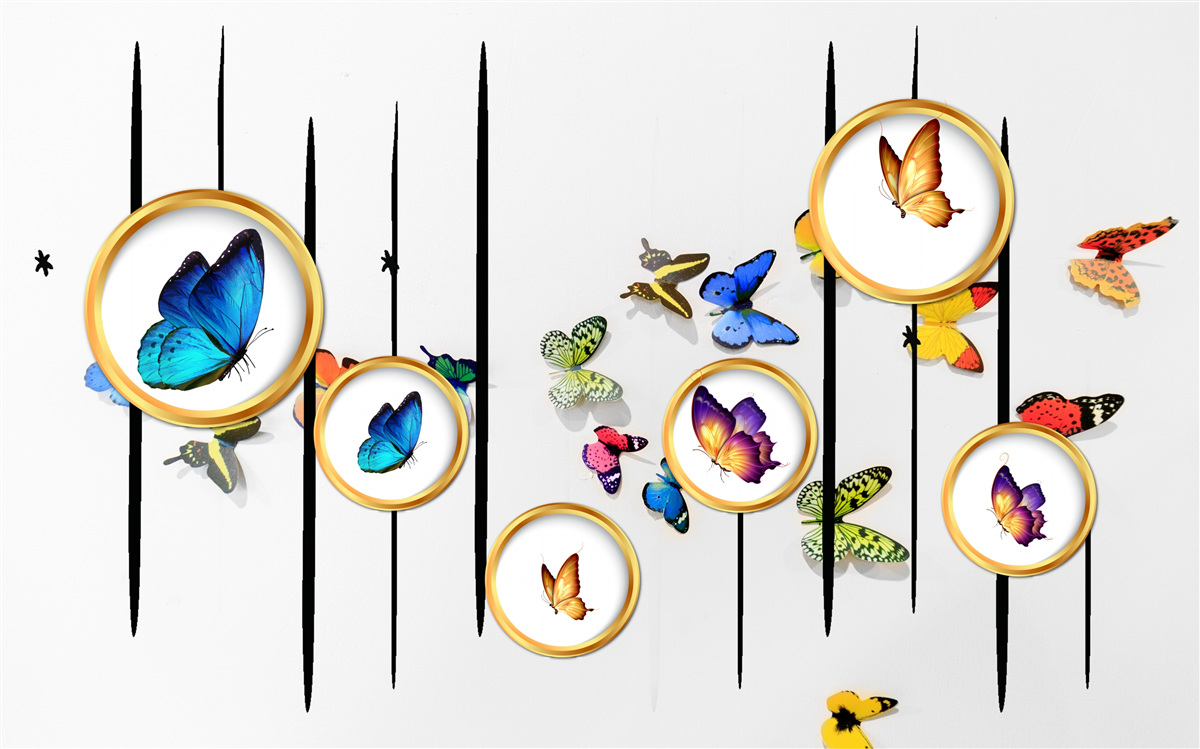 Fototapeta Na bielom pozadí sú motýle obklopené zlatými kruhmi