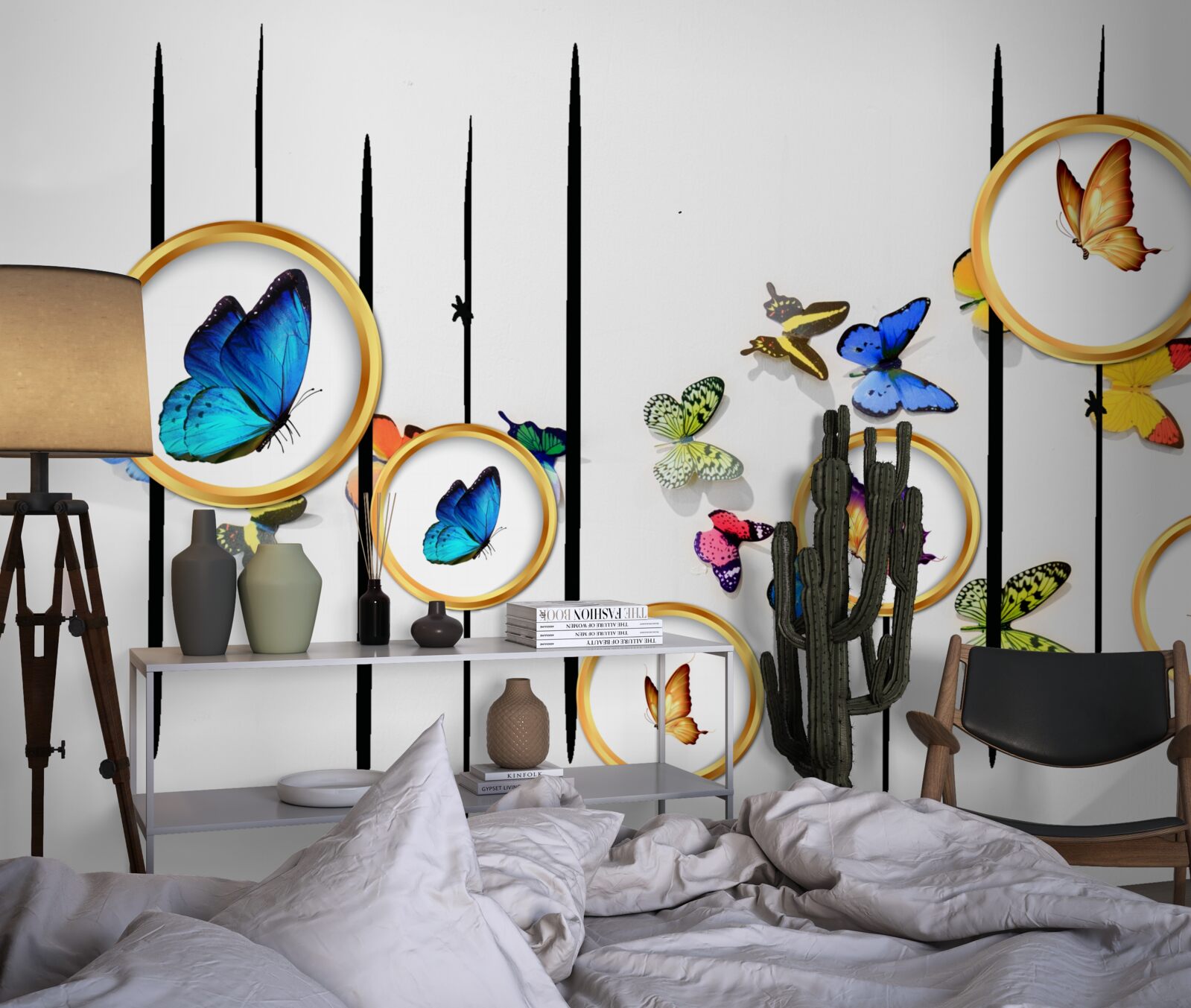 Fototapeta Na bielom pozadí sú motýle obklopené zlatými kruhmi