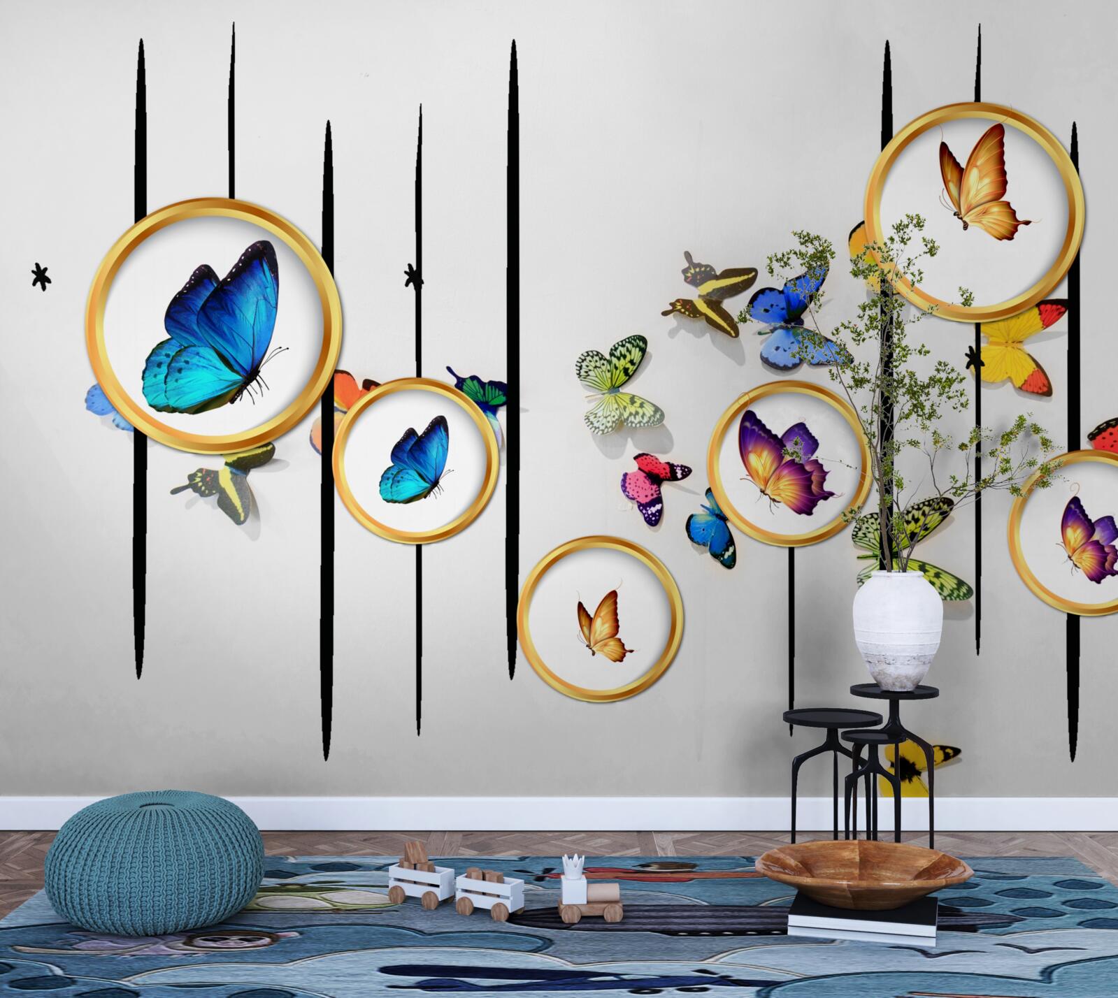 Fototapeta Na bielom pozadí sú motýle obklopené zlatými kruhmi