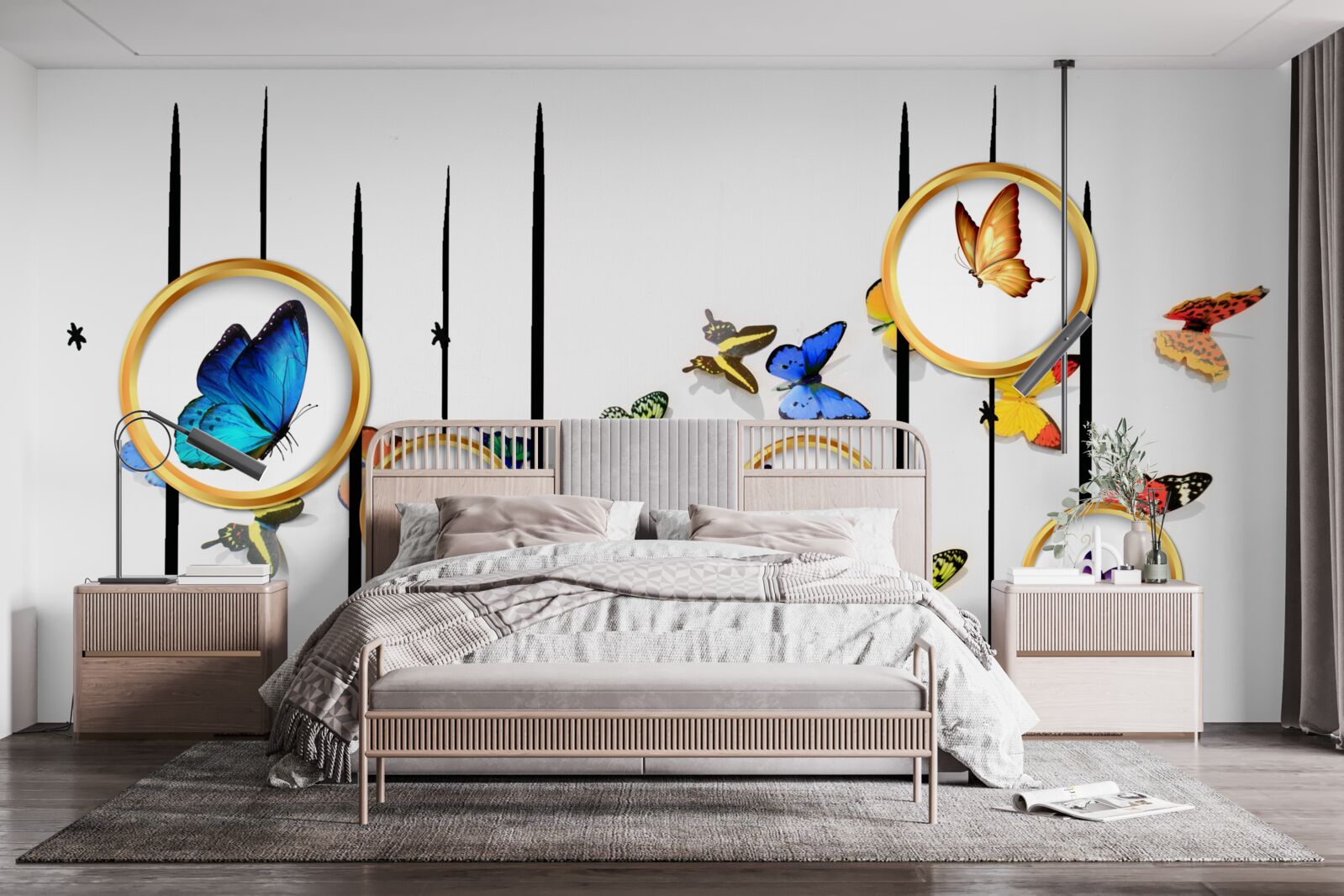 Fototapeta Na bielom pozadí sú motýle obklopené zlatými kruhmi