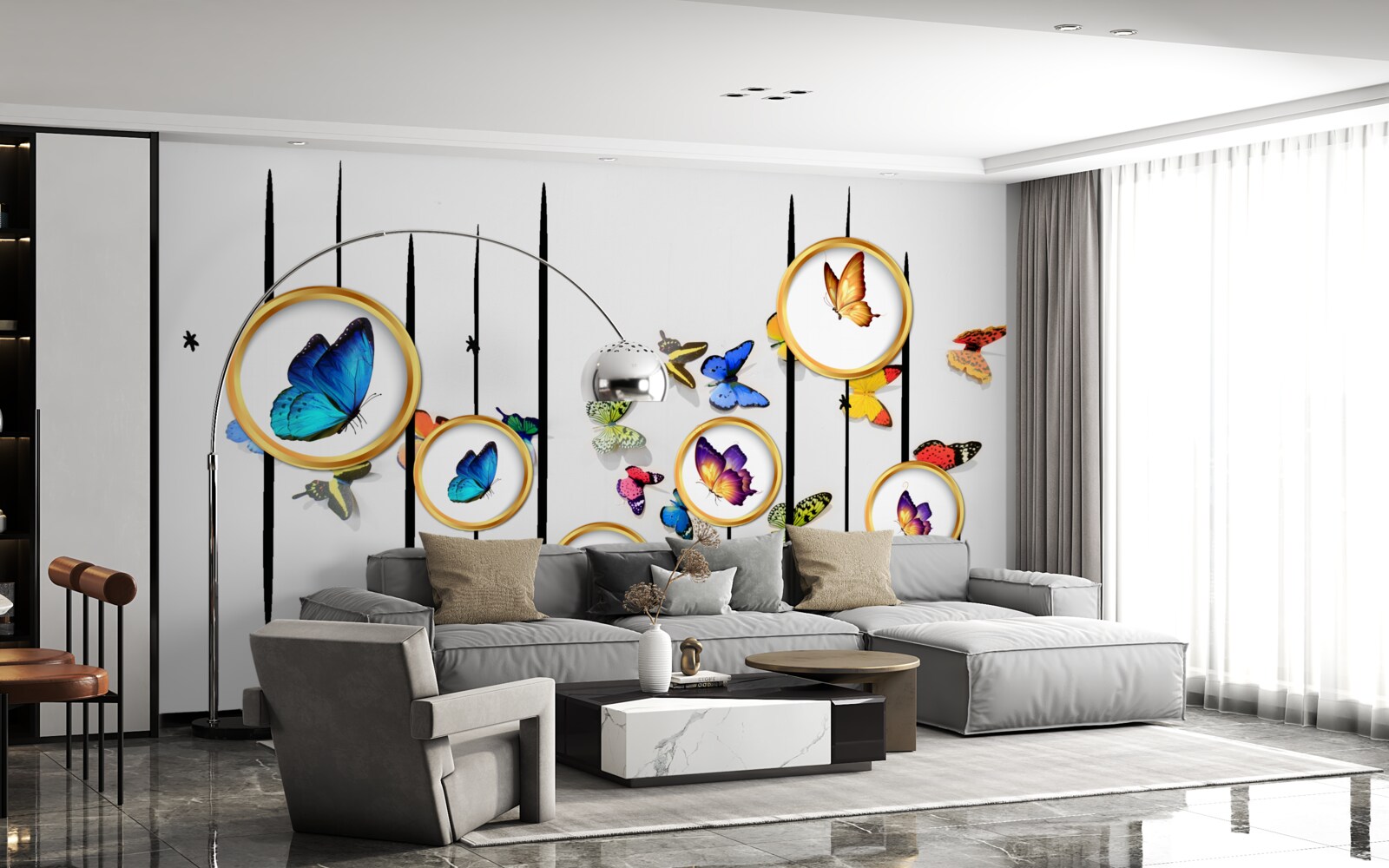 Fototapeta Na bielom pozadí sú motýle obklopené zlatými kruhmi