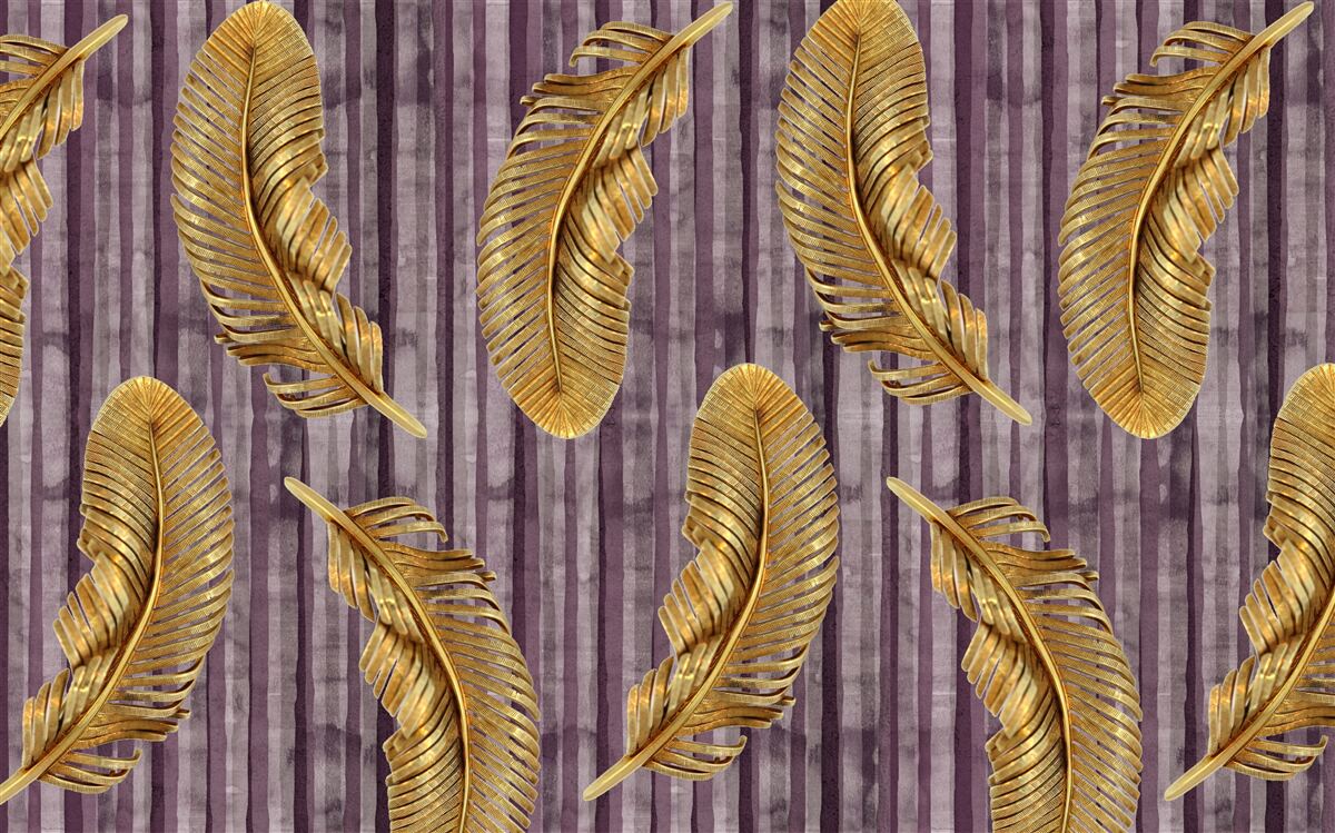 Fototapeta fialový podklad je zdobený zlatými pierkami